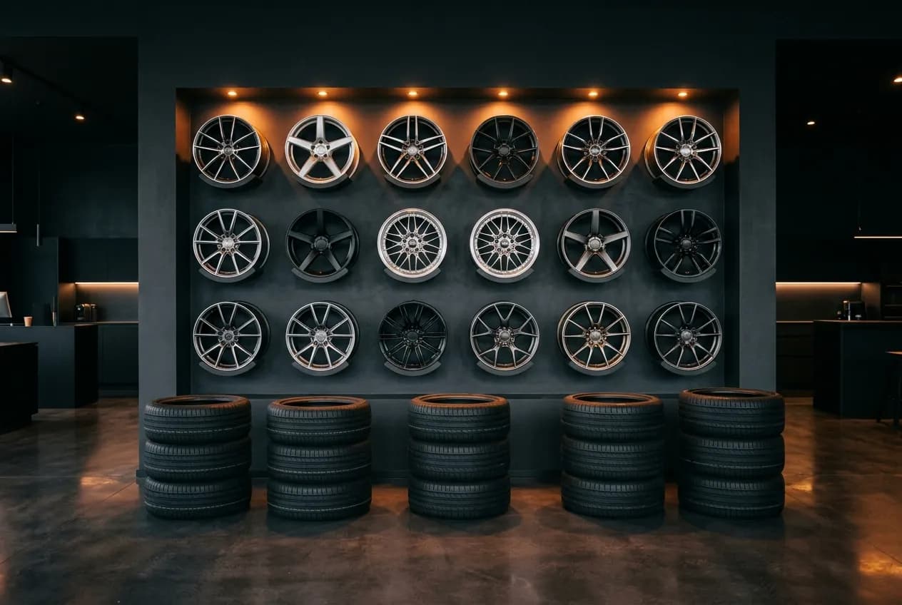A showroom wall of alloy wheels above stacks of new tyres