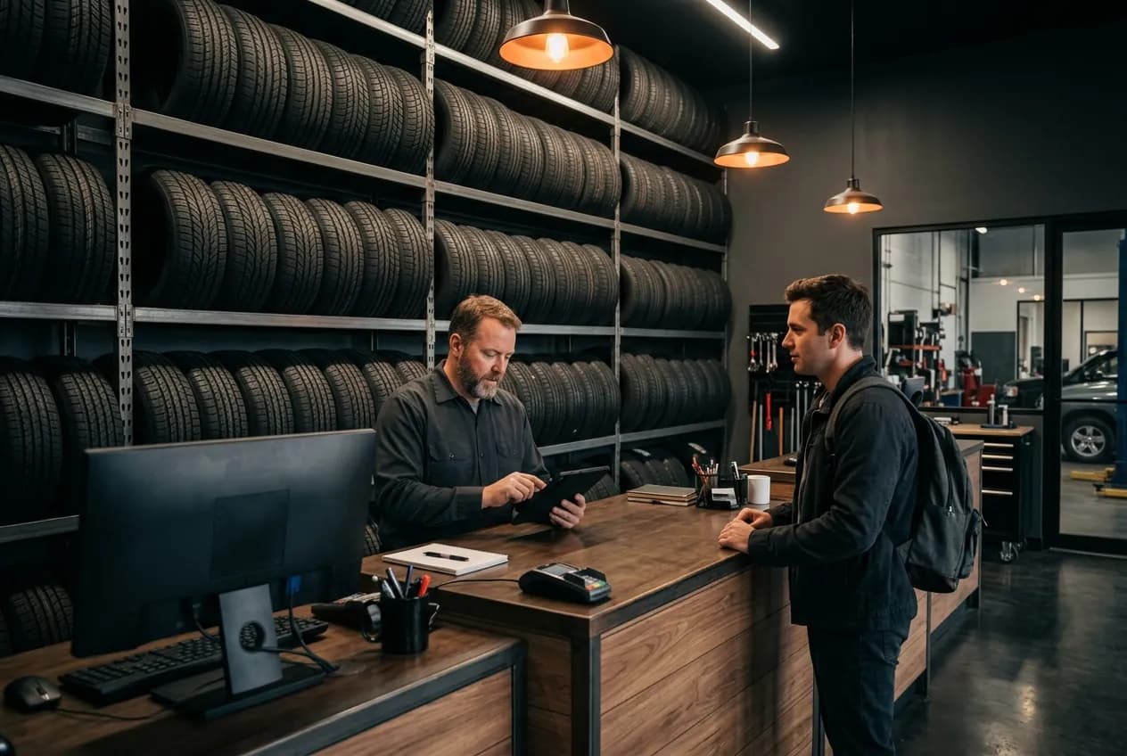 A tyre shop owner checks stock on a tablet at the counter while a customer waits