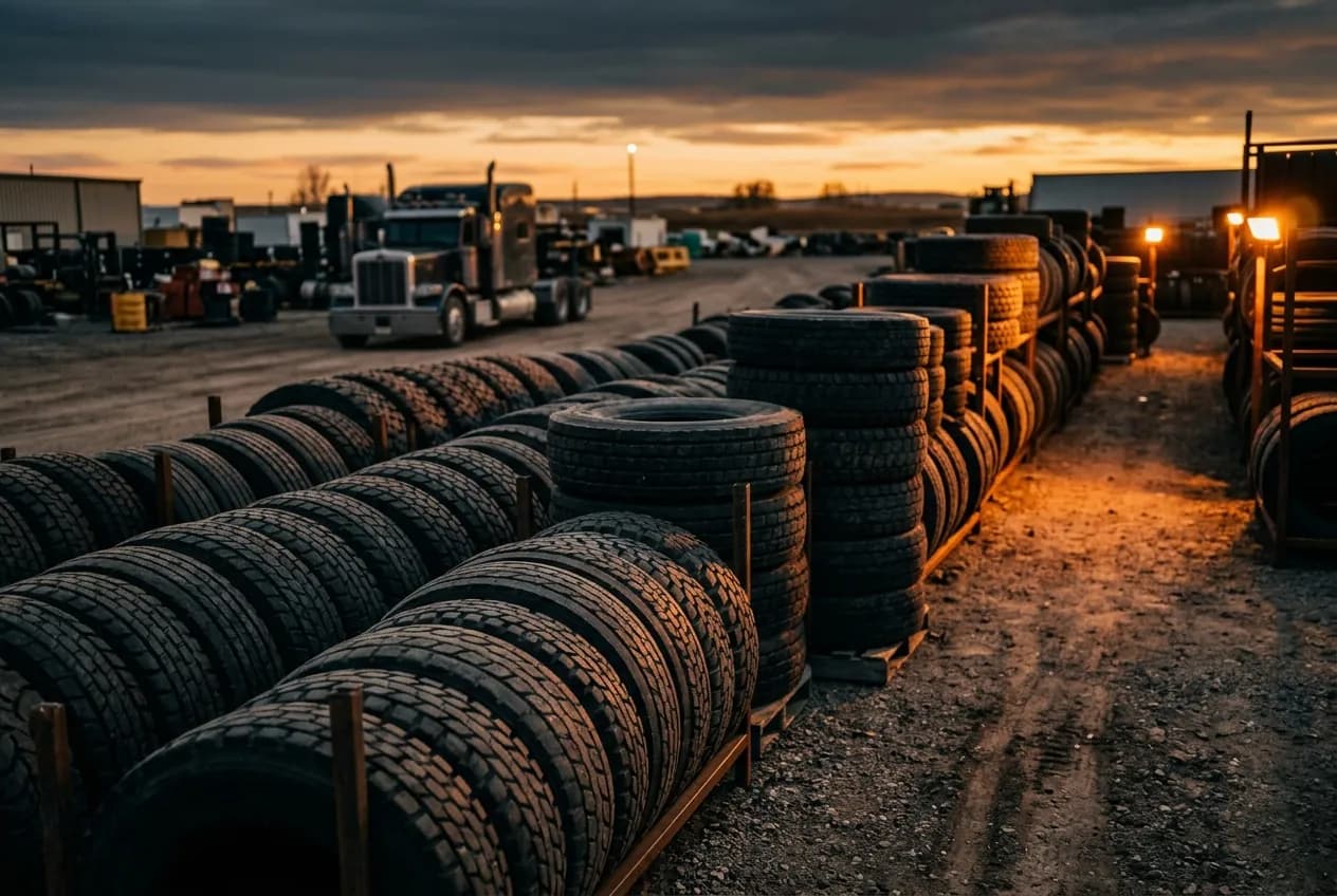 Rows of new truck tyres stacked in a distribution yard at sunset
